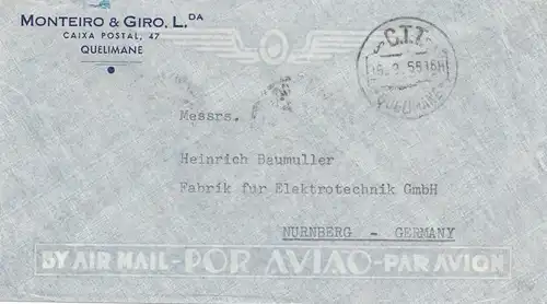 Mozambique 1955: Quelimane via air mail to Nuremberg, Fisch/fish