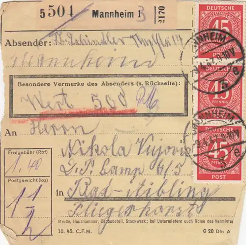 Paketkarte 1947: Mannheim nach Bad-Aiblingen, Wert 500 RM