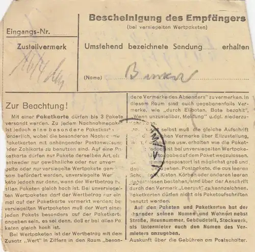 Carte de paquet 1947: Mannheim vers Bad-Aiblingen, valeur 500 RM