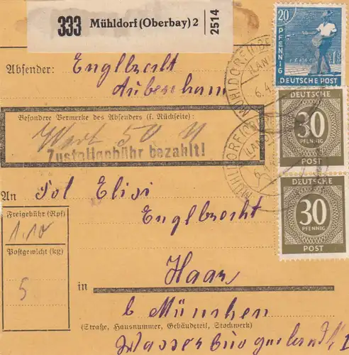Paketkarte 1948: Mühldorf nach Haar, Wertkarte