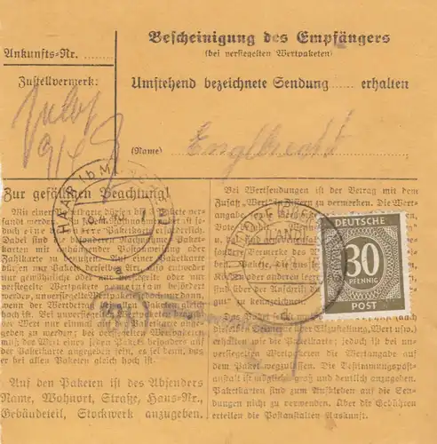 Paketkarte 1948: Mühldorf nach Haar, Wertkarte