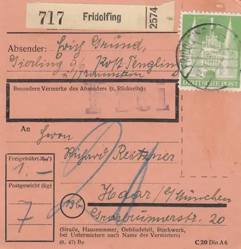 BiZone Paketkarte 1948: Tengling Fridolfing nach Haar