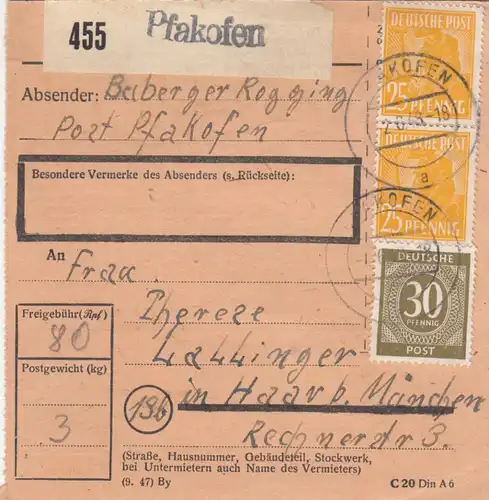 Paketkarte 1948: Pfakofen nach Haar