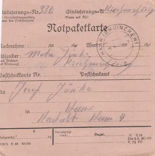 BiZone Paketkarte 1948: Kirchanschöring nach Haar, Notpaketkarte