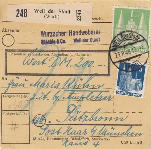 BiZone Carte de paquet 1948: Parce que la ville a été construite selon Putzbrunn, valeur 200 FF