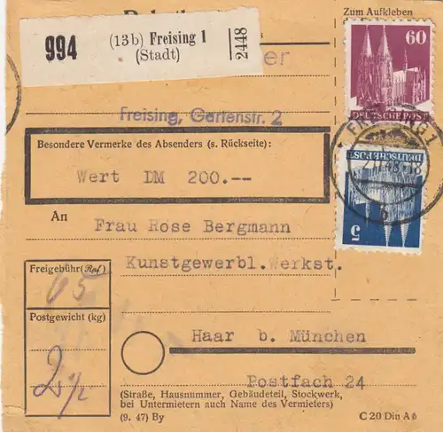 BiZone Paketkarte 1948: Freising nach Haar, Wert 200 DM