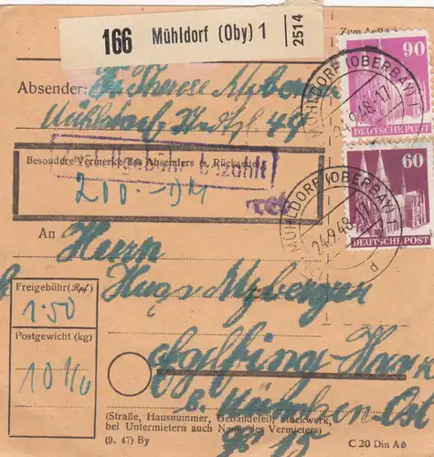 BiZone Paketkarte 1948: Mühldorf nach Eglfing, Wert 200 DM