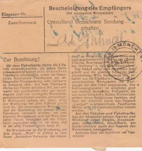 BiZone Paketkarte 1948: Mühldorf nach Eglfing, Wert 200 DM