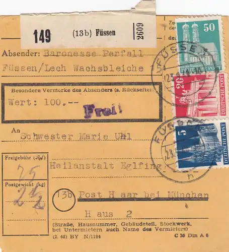 BiZone Paketkarte 1948: Füssen nach Haar, Heilanstalt, Baronesse