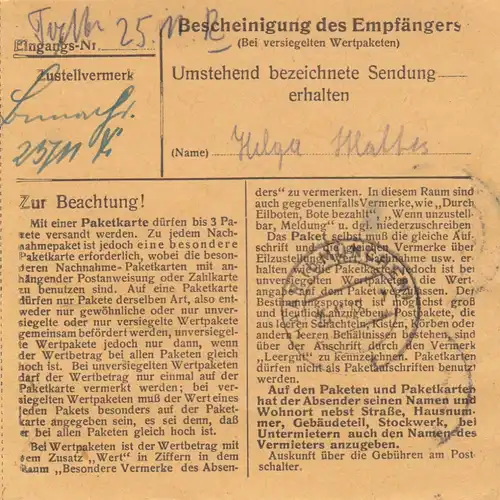 BiZone Paketkarte 1948: Grafengehaig nach Haar, Wertkarte