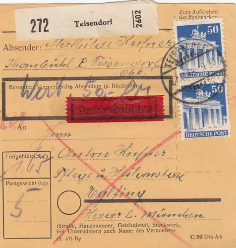 BiZone Paketkarte 1948: Teisendorf nach Eglfing, Eilbote, Wertkarte