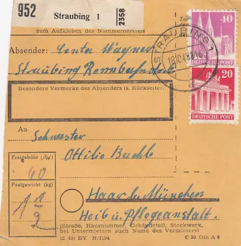 BiZone Paketkarte 1948: Straubing nach Haar, Pflegeanstalt