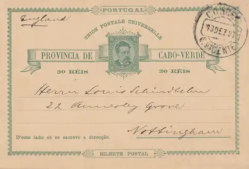 Cap-Vert: 1893: post card St. Vicente to Nottingham