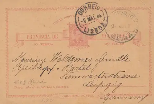 Mocambique 1894: post card  Beira to Leipzig