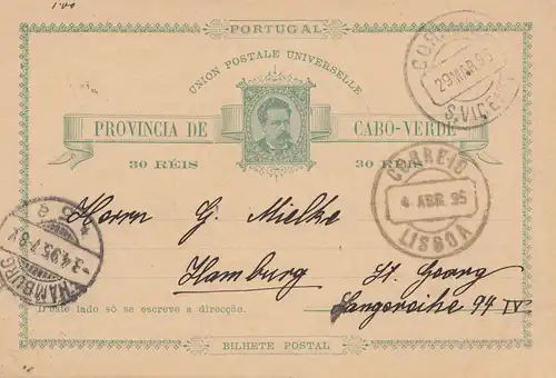 Cabo Verde: 1895: post card to Hamburg-St. Georg