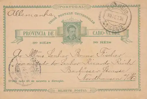 Cabo Verde: 1894: post card St. Vicente to Nordhausen