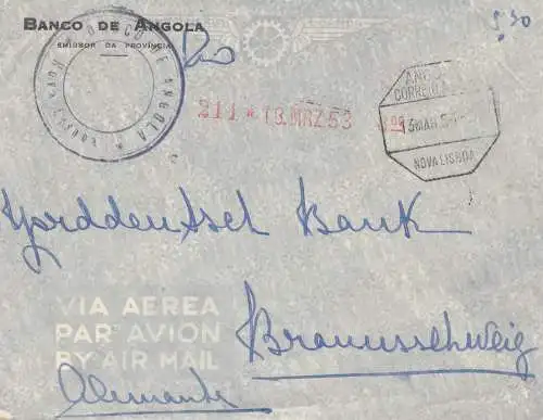 Angola: 1953: air mail Nova Lissaboa to Braunschweig, lion, plane