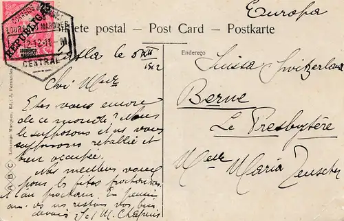 Mocambique 1912 post card Lourenco Marques Avenida D. Carlos to Bern/Switzerland