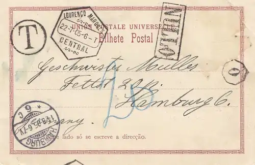 Mozambique 1905: Post card Lourenco Marques, Tax to Hambourg
