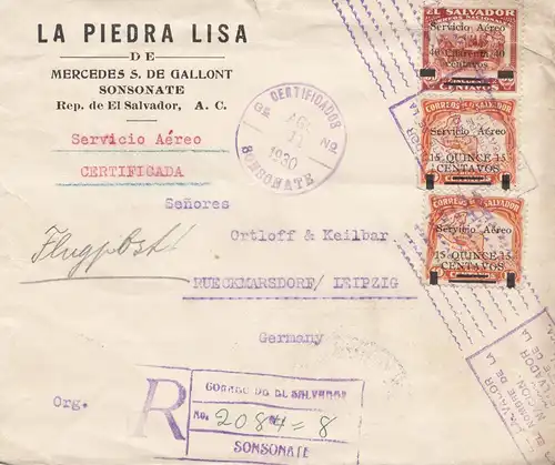 El Salvador 1930 Sonsonate registered to Rückmarsdorf