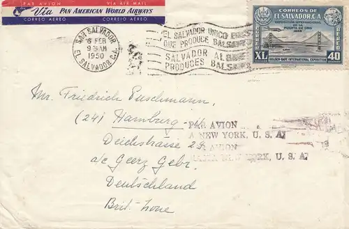 El Salvador 1950: air mail San Salvador to Hamburg, par Avion a New York