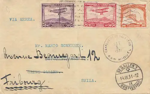El Salvador 1931: air mail San Miquel to Saint Gallen, forwarded Fribourg/Swiss