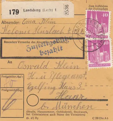 Carte de paquet BiZone 1948: Landsberg, colonie Hurlach, après Eglfing