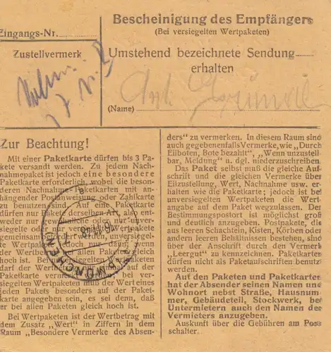 BiZone Paketkarte 1948: Landsberg, Kolonie Hurlach, nach Eglfing