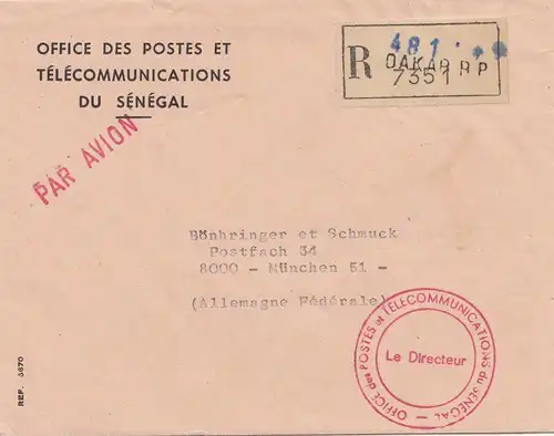 Sénégal: registreted Dakar Office des postes es Telecommunications, air mail