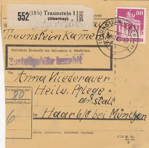 BiZone Paketkarte 1948: Traunstein nach Haar, Pflegeanstalt