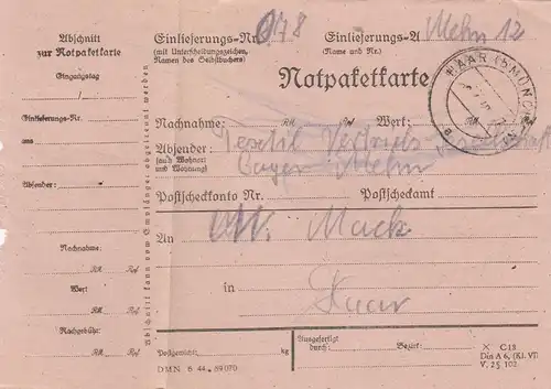 BiZone Paketkarte 1948: Textilvertrieb, Haar, Notpaketkarte