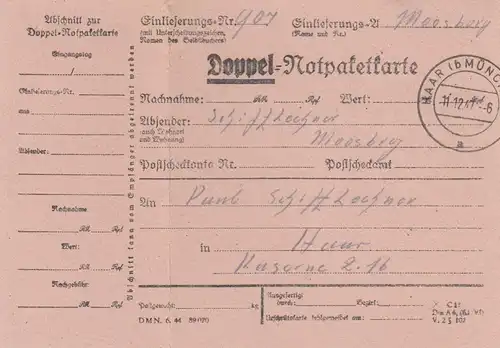 BiZone Paketkarte 1947: Doppelnotpaketkarte, Moosberg nach Haar