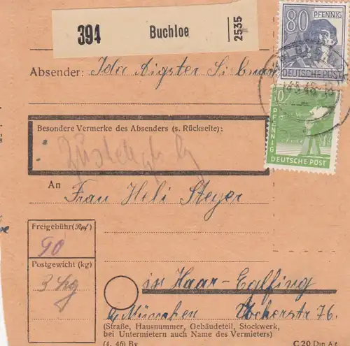Paketkarte 1948: Buchloe nach Haar Eglfing