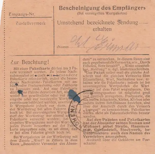 Paketkarte 1948: Buchloe nach Haar Eglfing