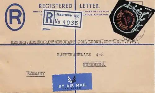 Sierra Leone: Freetown, air mail registered to Nuremberg