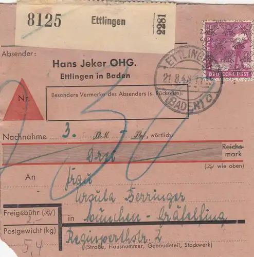 BiZone Paketkarte 1948: Ettlingen nach Gräfelfing, Nachnahme, Jeker OHG