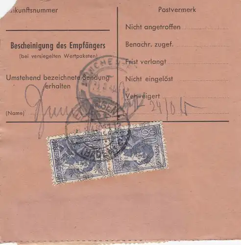 BiZone Paketkarte 1948: Ettlingen nach Gräfelfing, Nachnahme, Jeker OHG