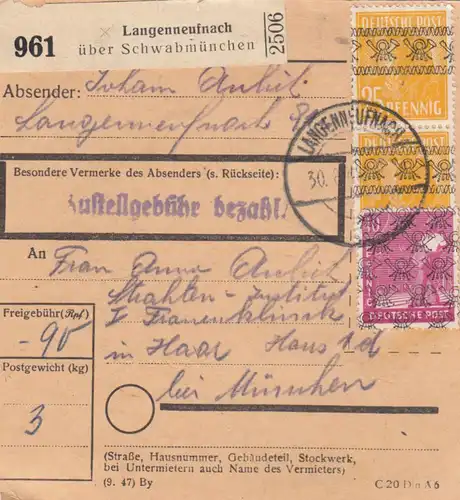 BiZone Paketkarte 1948: Langenneufnach nach Haar, Frauenklinik