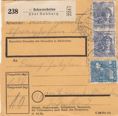 BiZone Paketkarte 1948: Schwarzhofen über Nabburg nach Haar