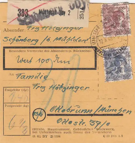 BiZone Paketkarte 1948: Schönberg nach Ottobrunn, Wertkarte
