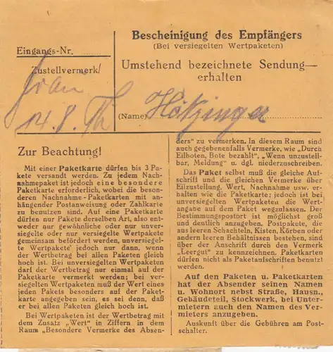 BiZone Paketkarte 1948: Schönberg nach Ottobrunn, Wertkarte