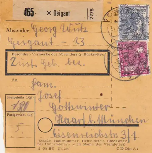 Carte de paquet BiZone 1948: Geigant vers Munich