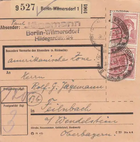 Carte de paquet 1947: Berlin-Wilmersdorf vers Feilnbach, zone américaine