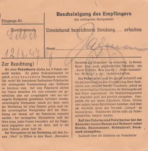 Carte de paquet 1947: Berlin-Wilmersdorf vers Feilnbach, zone américaine