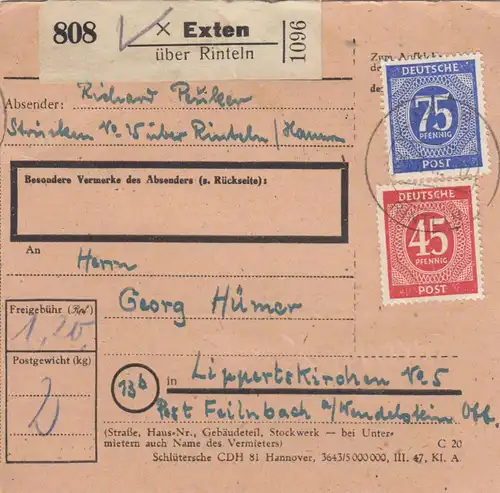 Paketkarte: Exten über Rinteln nach Lippertskirchen