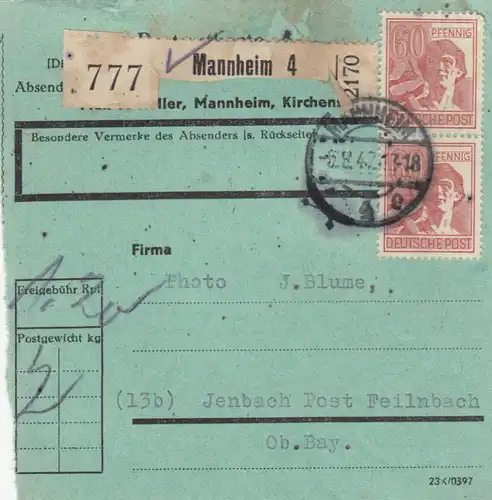 Paketkarte 1947: Mannheim nach Jenbach, seltenes Formular