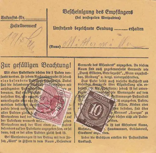 Paketkarte 1947: Meckesheim nach Willing, Selbstbucher, Gebr. Kirsch