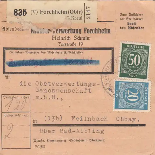 Carte de paquet 1947: Forchheim vers Feilnbach, Auto-booker