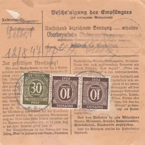 Paketkarte 1947: Forchheim nach Feilnbach, Selbstbucher