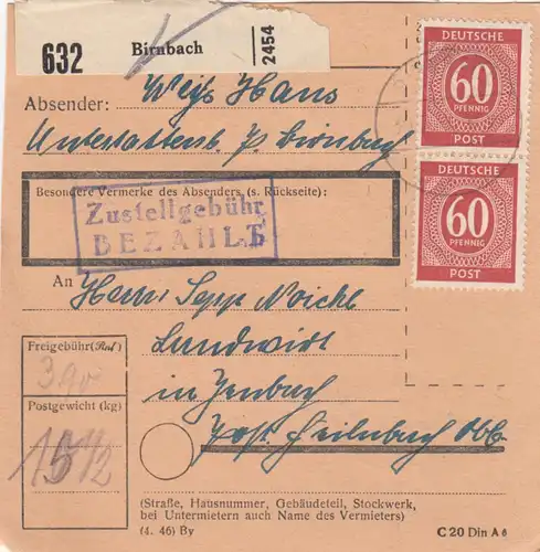 Paketkarte 1948: Birnbach nach Feilnbach